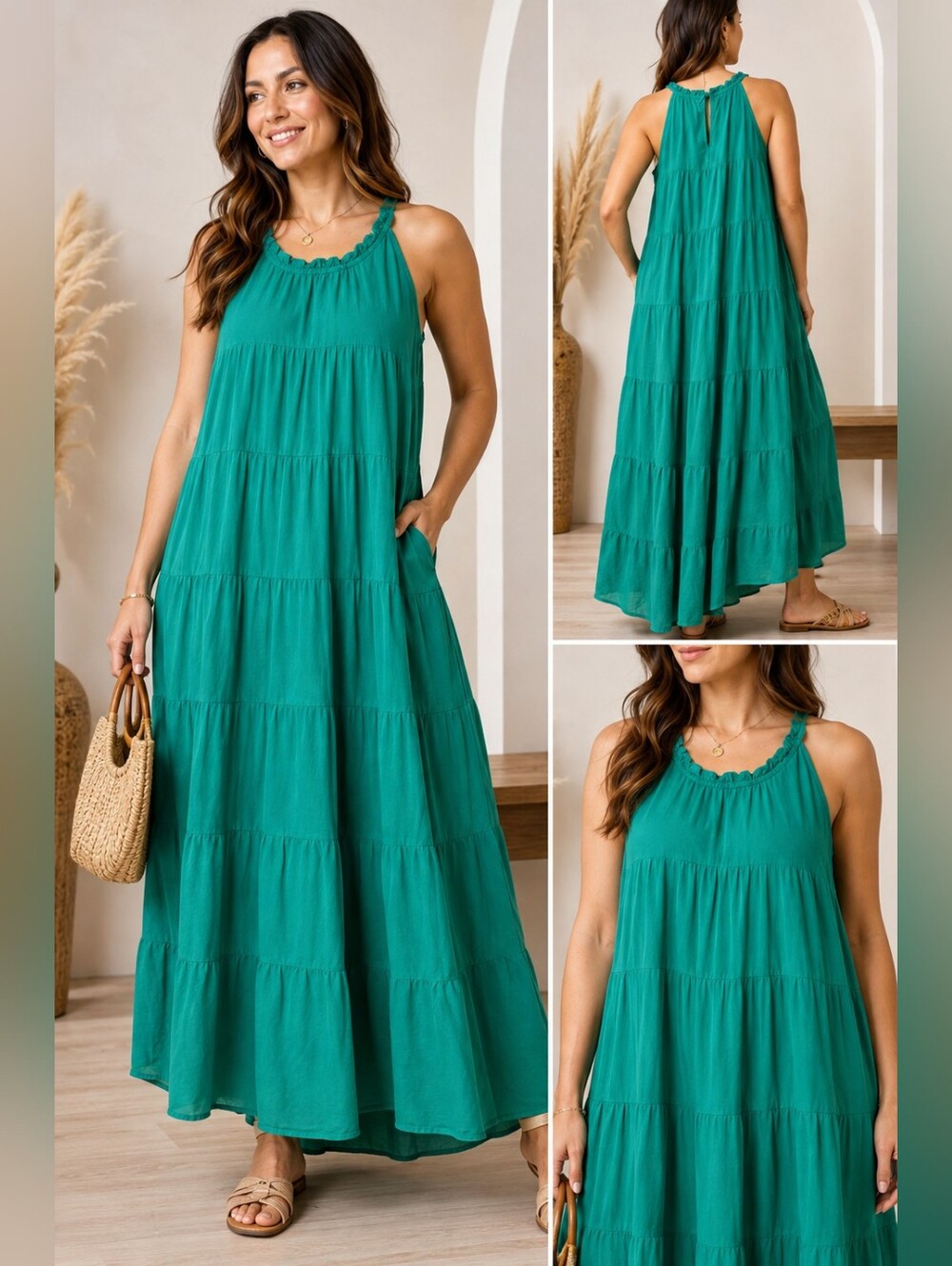 HAEOF Teal Green Tiered Sleeveless Dress Size L with Pockets